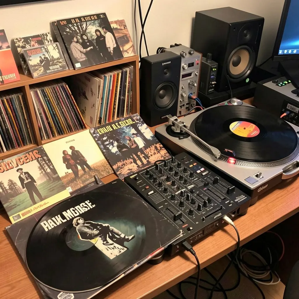Custom mixtape creation process with vinyl records and equipment