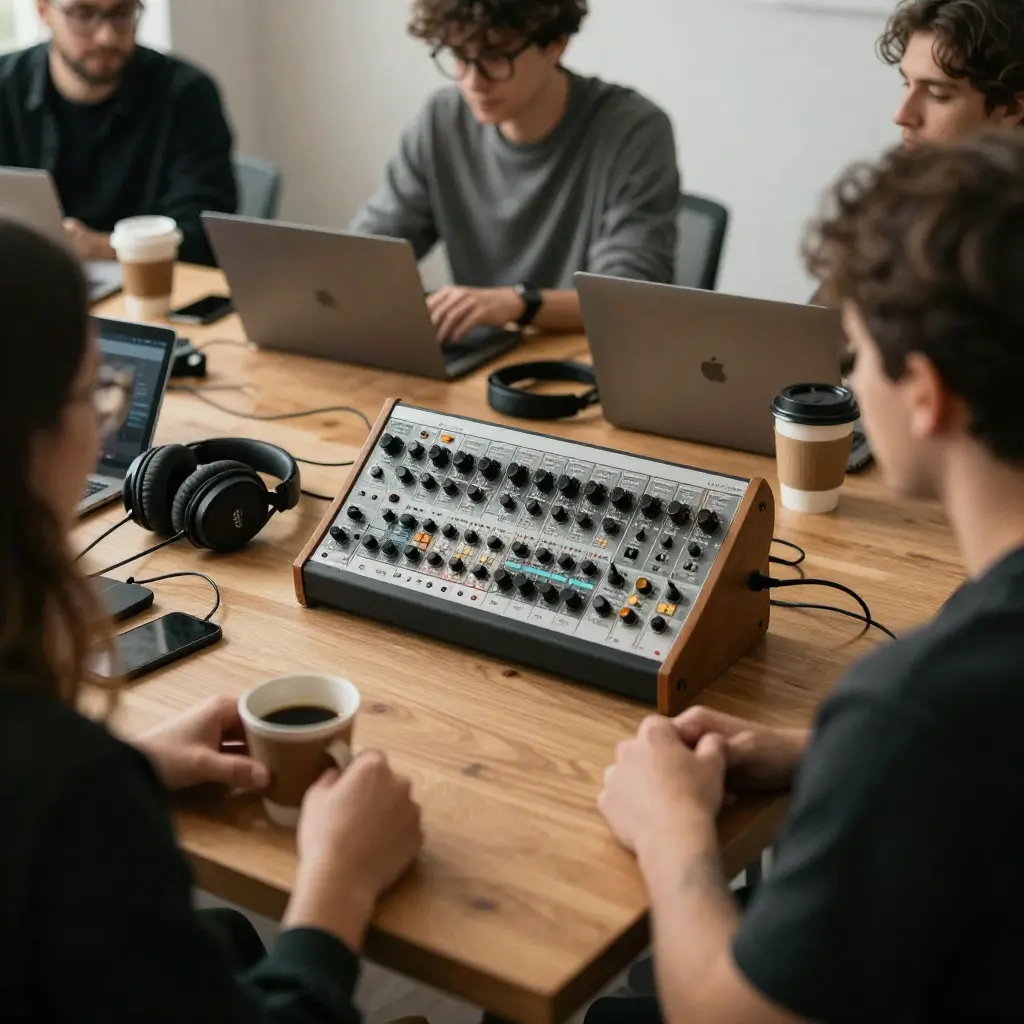 Team workspace with music equipment